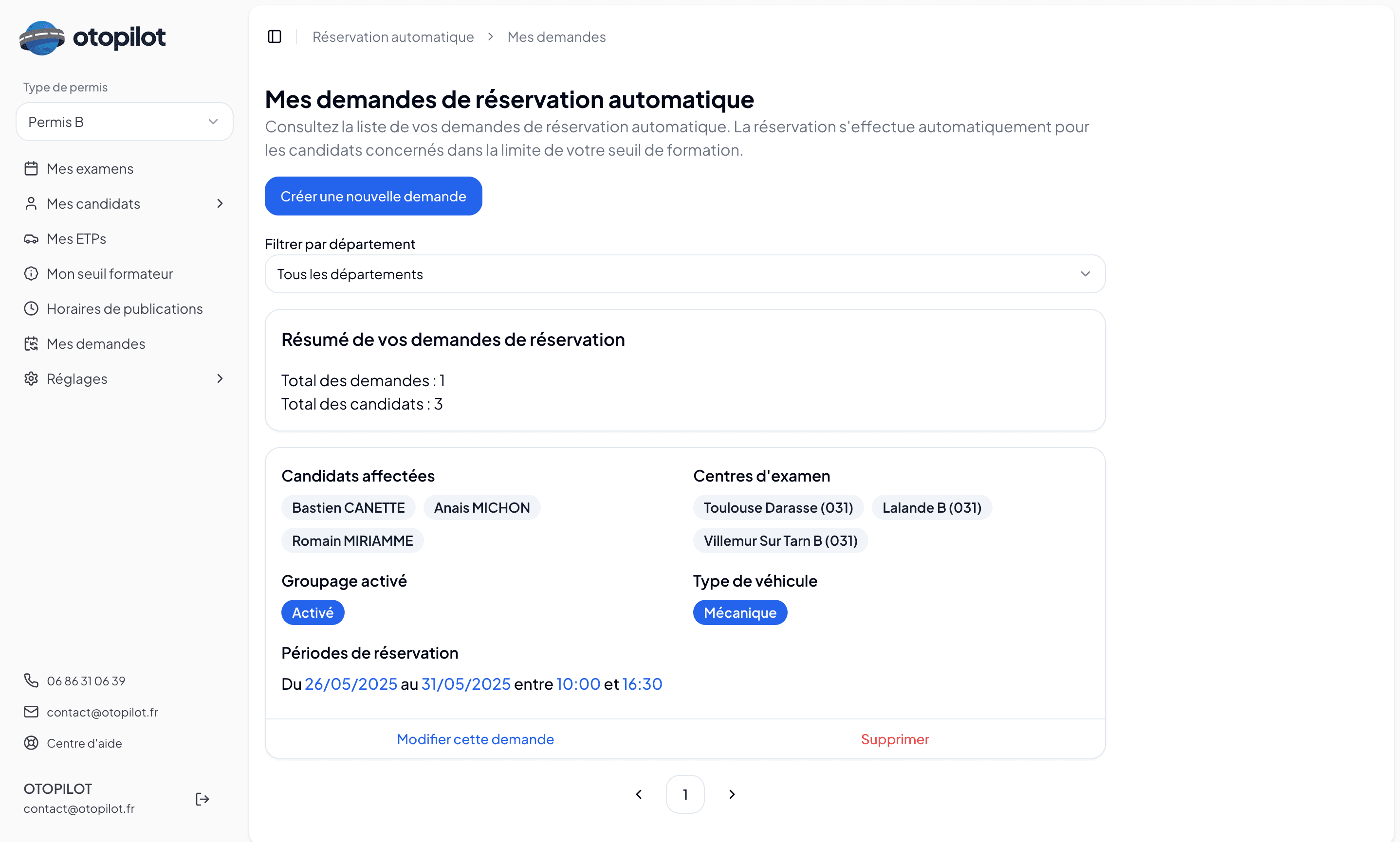 Interface Otopilot pour la réservation de places d'examens